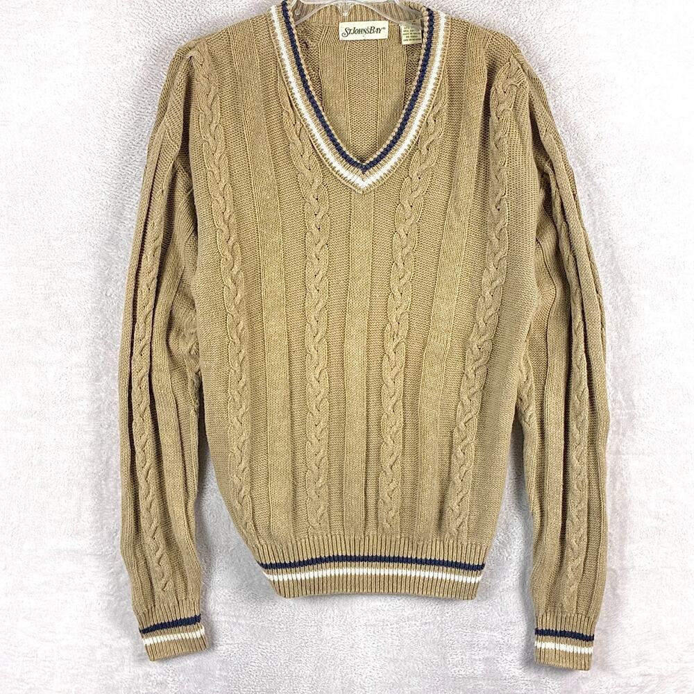 VTG St. Johns Bay Sweater Men M Tall Tan Cable Knit Ivy League Collegiate Tennis